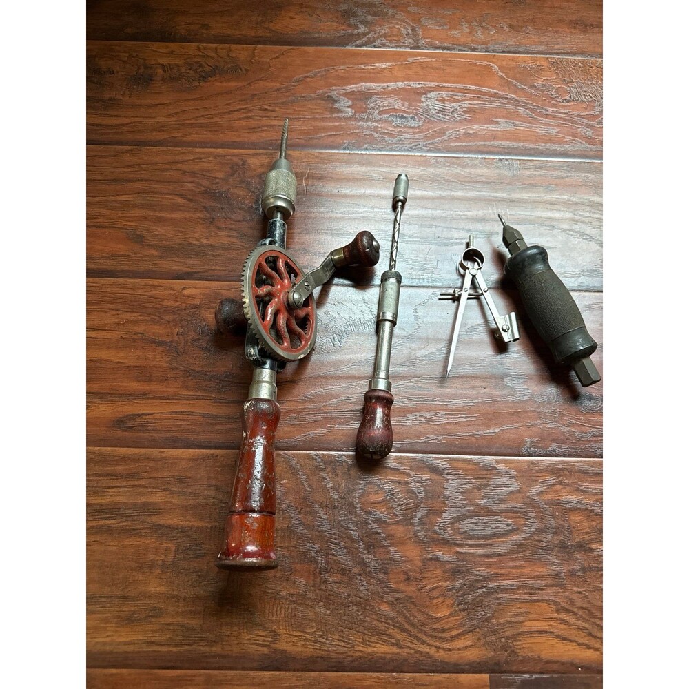 Vintage Hand Tool Lot Hand Brace Drill Yankee Push Drill Spiral Ratchet Screwdri